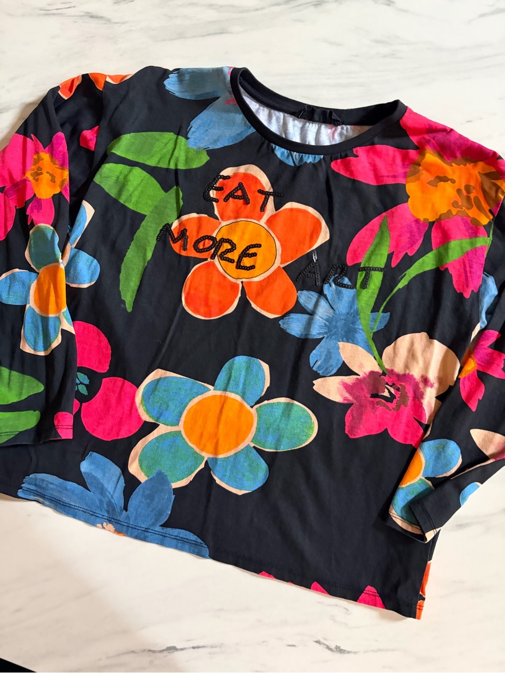 Desigual Black Long-Sleeve Tee with Bright Multicolor Floral Print